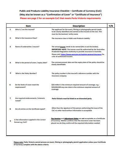 public and products liability insurance checklists