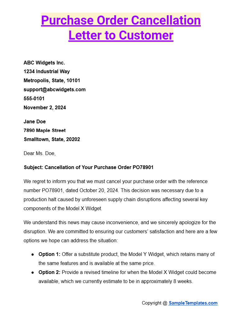 purchase order cancellation letter to customer