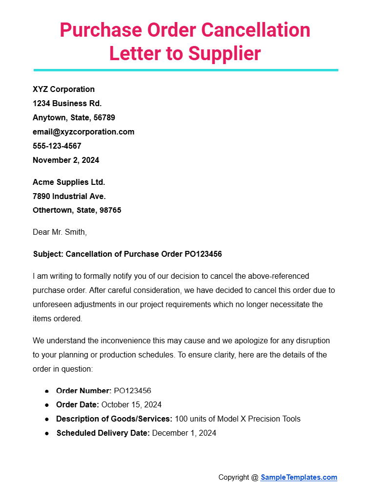 purchase order cancellation letter to supplier