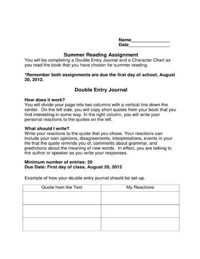 reading double entry journal template