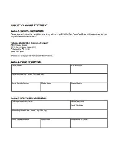 sample annuity claimant statement