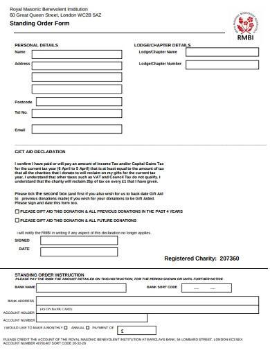 sample standing order form template