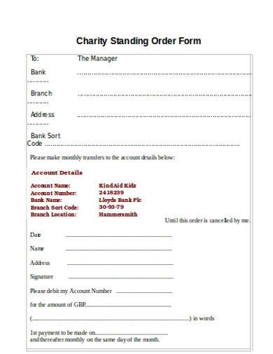 simple charity standing order form