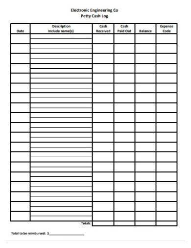 simple petty cash log template