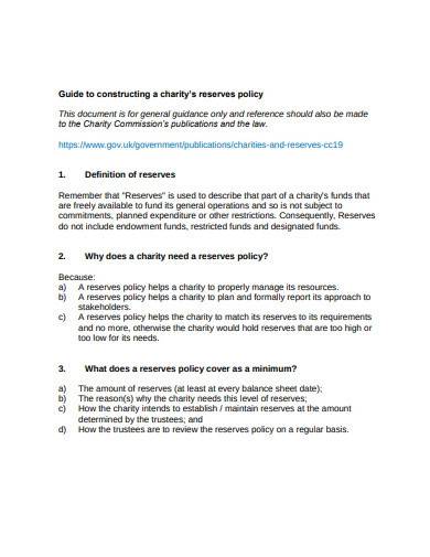 standard charity reserves policy template