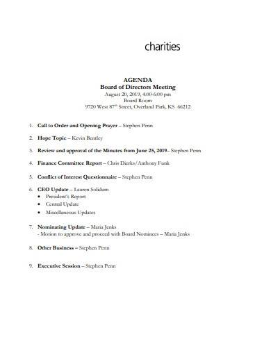 board of directors meeting agenda template