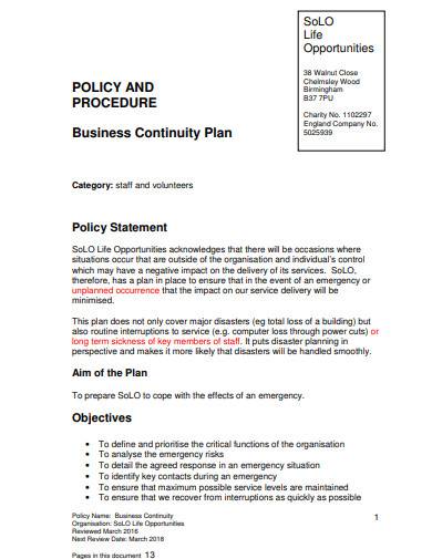 charity business continuity plan template