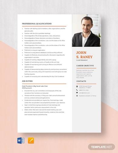 club president resume template