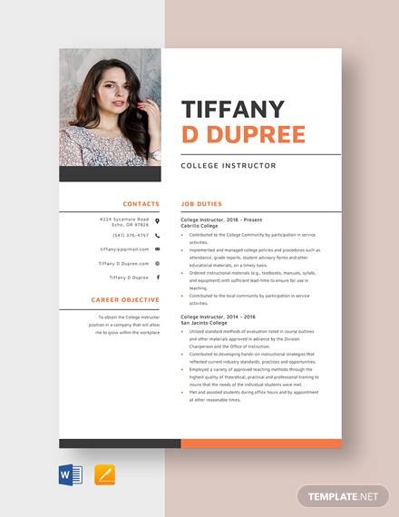 college instructor resume template