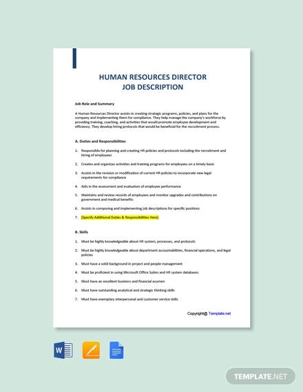 FREE 15 Human Resources Director Job Description Samples In MS Word PDF