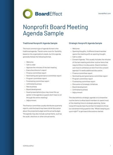 non profit board meeting agenda sample