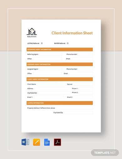 real estate client information sheet