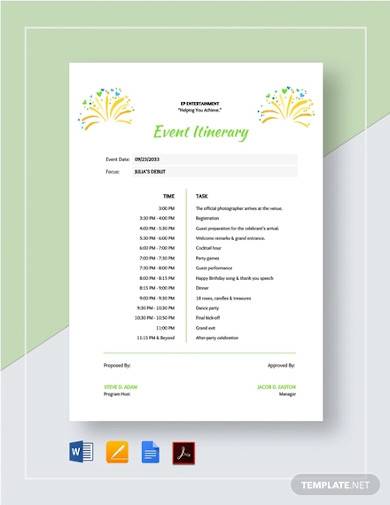 FREE 15  Sample Event Itinerary Templates in PDF MS Word PSD