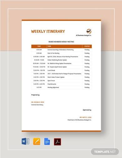 sample weekly itinerary template