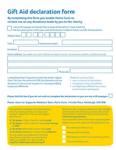 standard charity gift aid declaration form