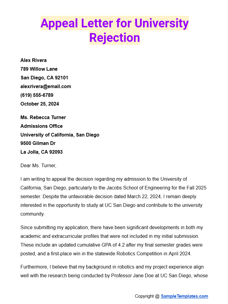 appeal letter for university rejection