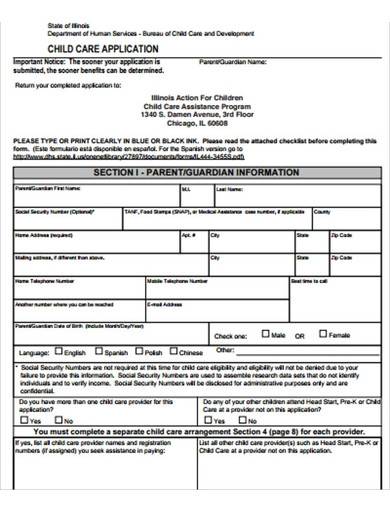 child care application form sample