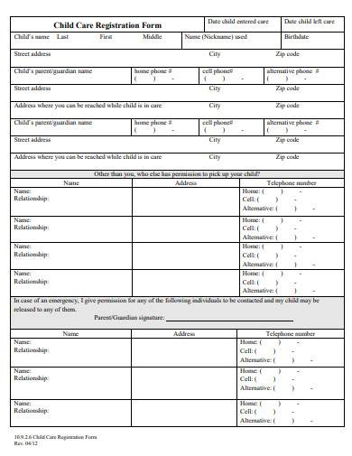 child care registration form sample