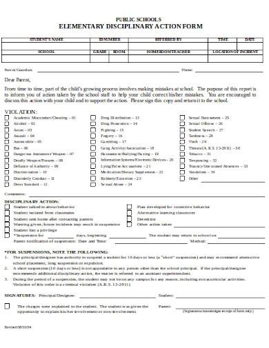 elementary disciplinary action form