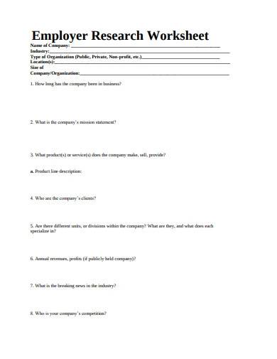 employer research worksheet sample