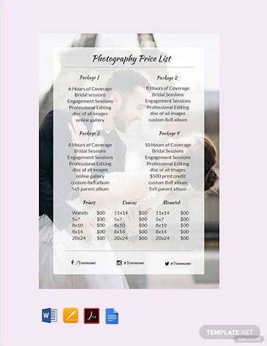 free photography price list template