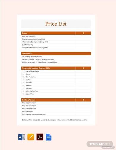 free sample price list template