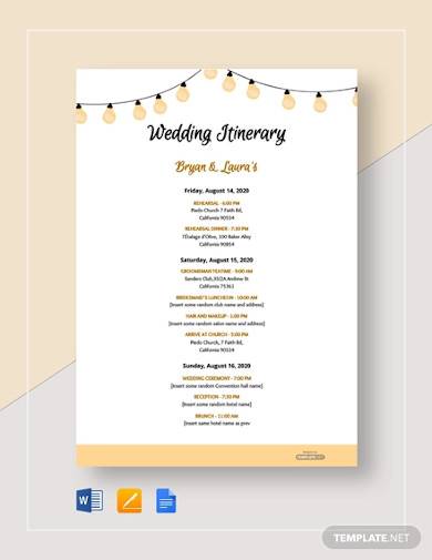 free sample wedding itinerary template