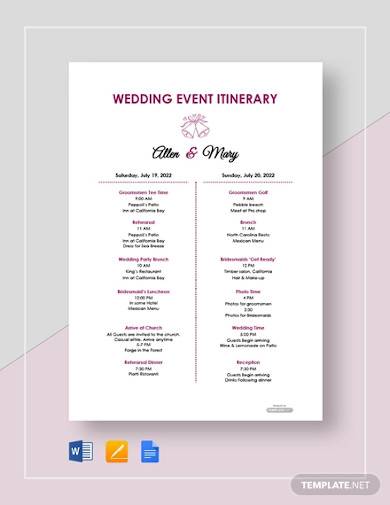 free wedding event itinerary template