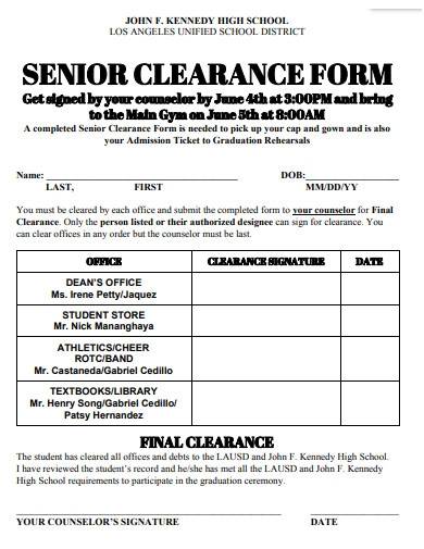 high school clearance form template