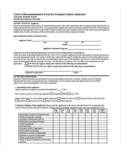 Free 10 Sample Letter Of Recommendation For Graduate