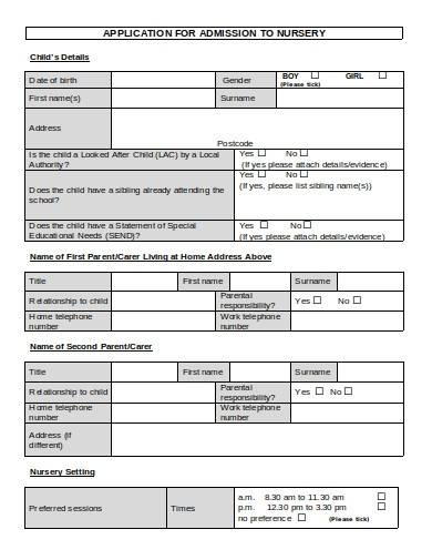 nursery school admission form template