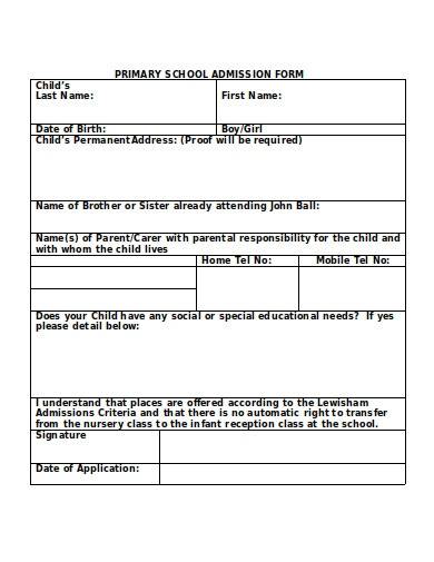 primary school admission form template