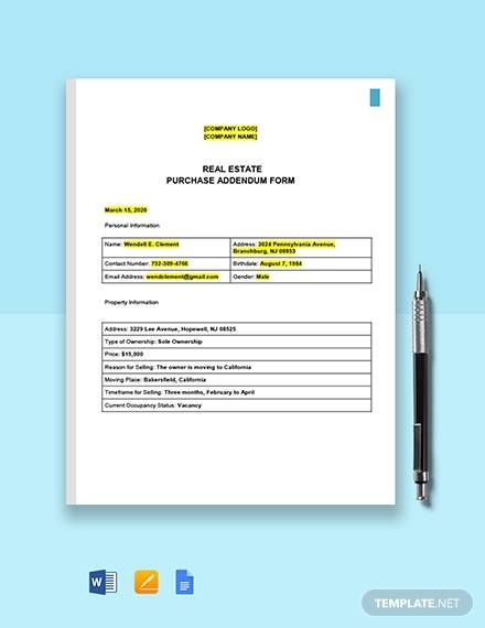 real estate purchase addendum form template