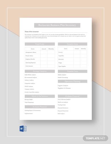 restaurant business plan inventory template