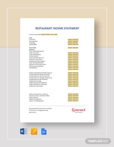 restaurant income statement sample