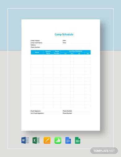 FREE 10+ Camp Schedule Samples in MS Word | MS Excel | Pages | Numbers