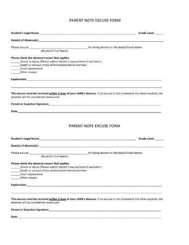 sample parent note excuse form