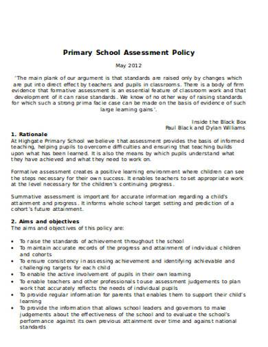 sample primary school assessment policy