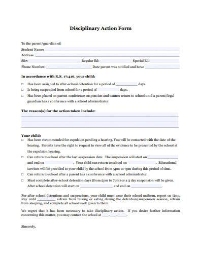 sample school disciplinary action form
