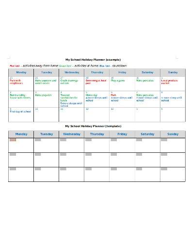 sample school holiday planner template