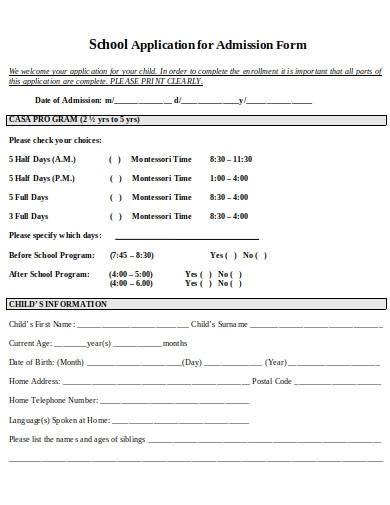 school application for admission form