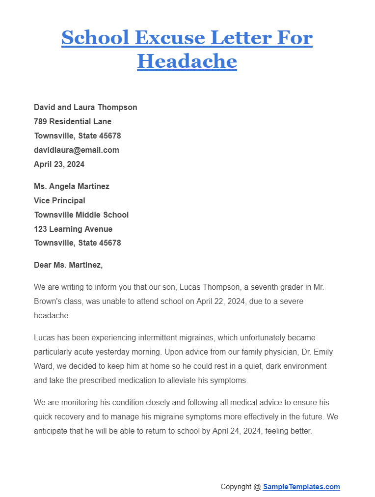 school excuse letter for headache