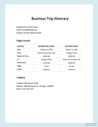 small business trip itinerary template