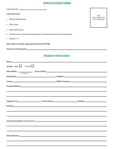 standard school admission form template