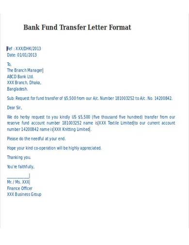 bank fund transfer letter format