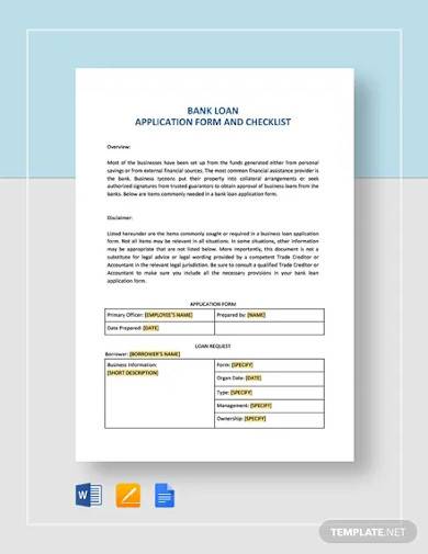 bank loan application form and checklist for restaurant