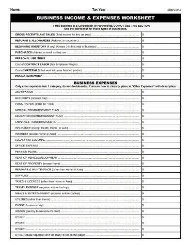 business income and expenses worksheet