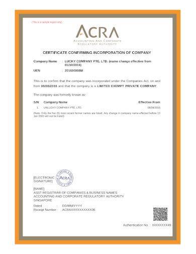 certificate confirming incorporation of company