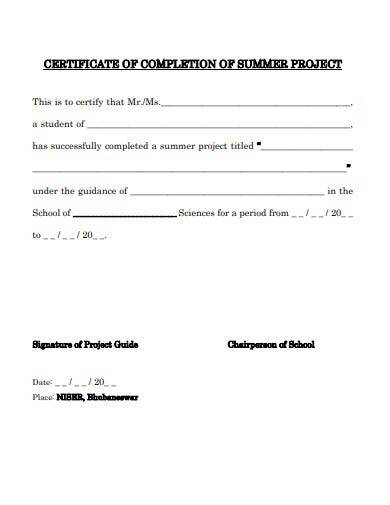 certificate of completion summer project