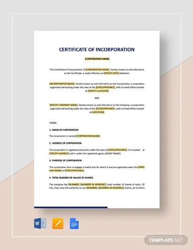 certificate of incorporation template